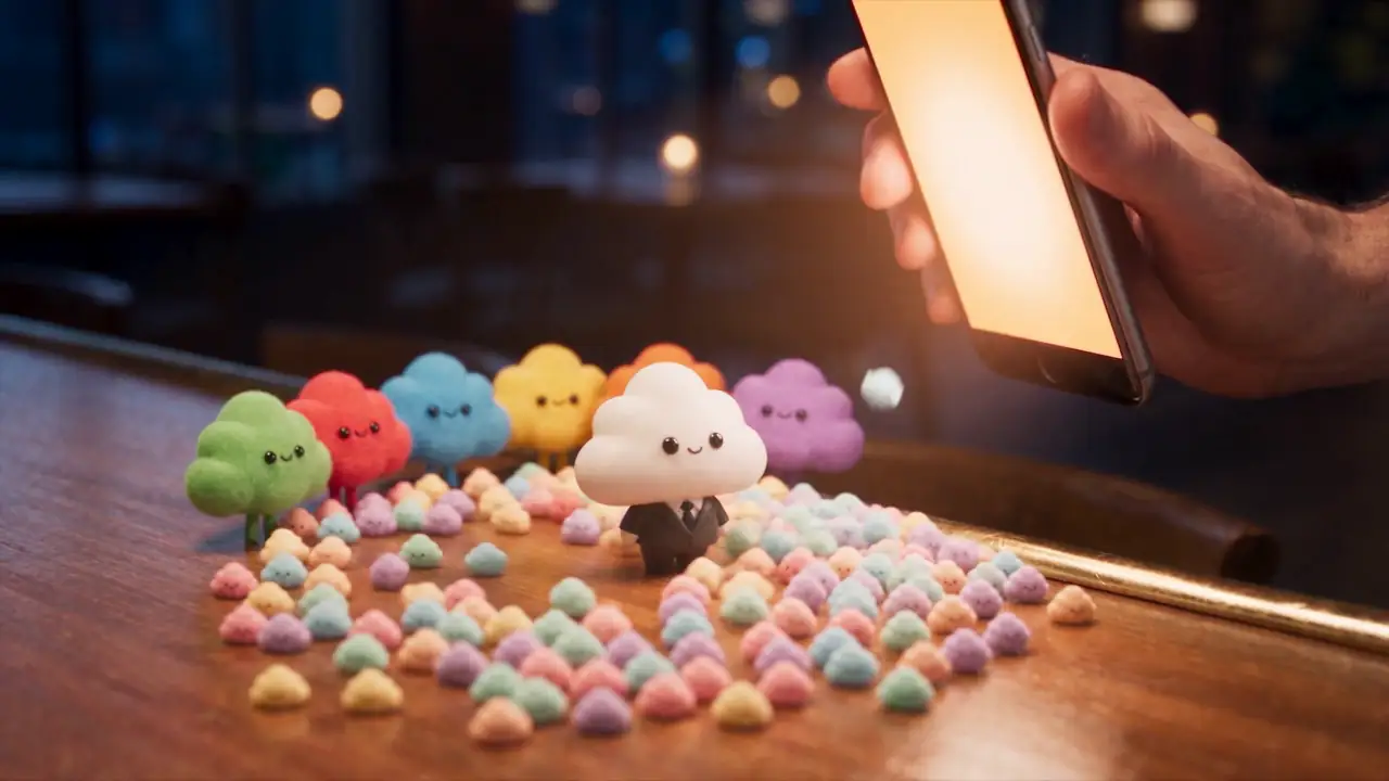 Usta stands on the counter in front of his team: six coloured cloud leads in a row behind him and dozens of small pastel helpers around them. The owner's hand holds the phone they came out of.