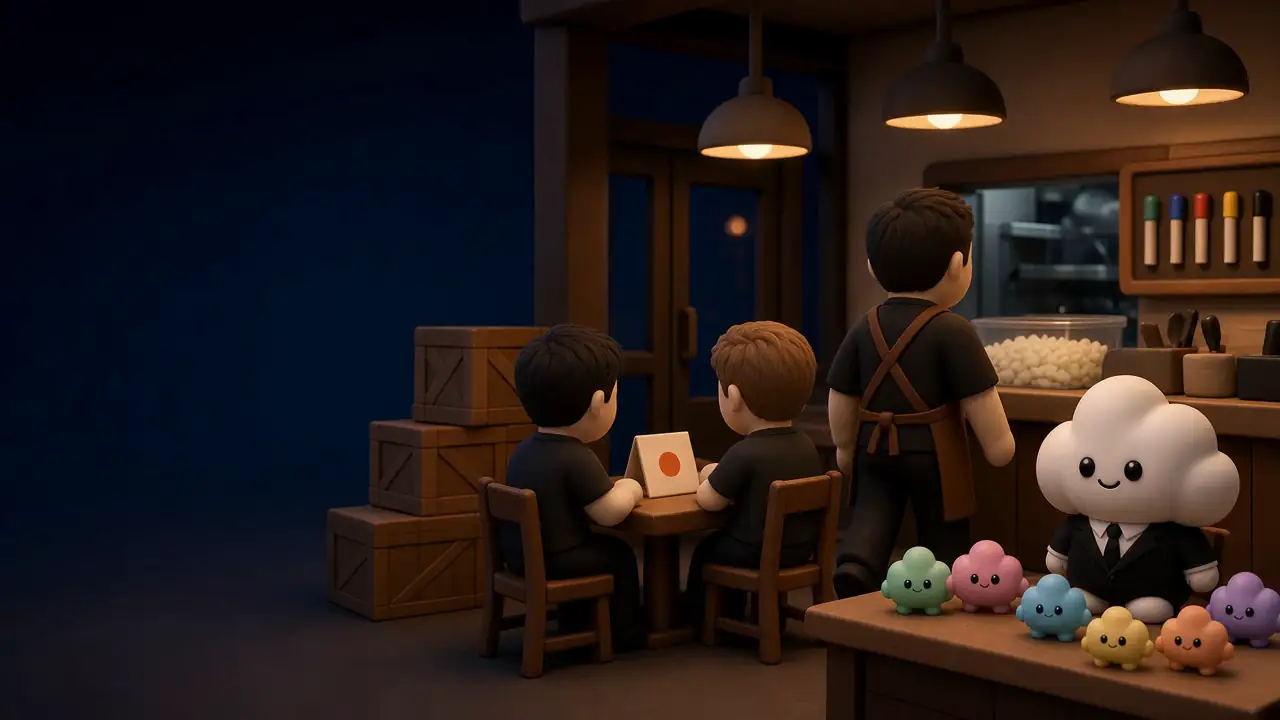 The dining room at the start of service: two guests seated at the table for two with an orange-dot card, supplier crates by the door, a full tub of chopped onions on the pass, and the owner walking over to greet them while Usta and his helpers rest on the counter.