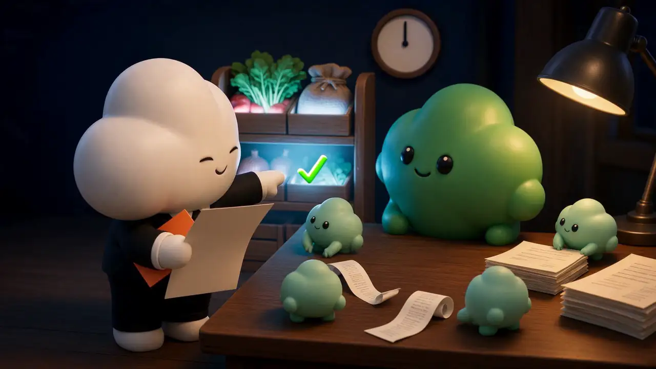 Usta holds the green lead's order list, drawn in icons and bars, and points at the lit onion shelf behind the desk, now ticked. The green lead and small helpers sit at the desk.