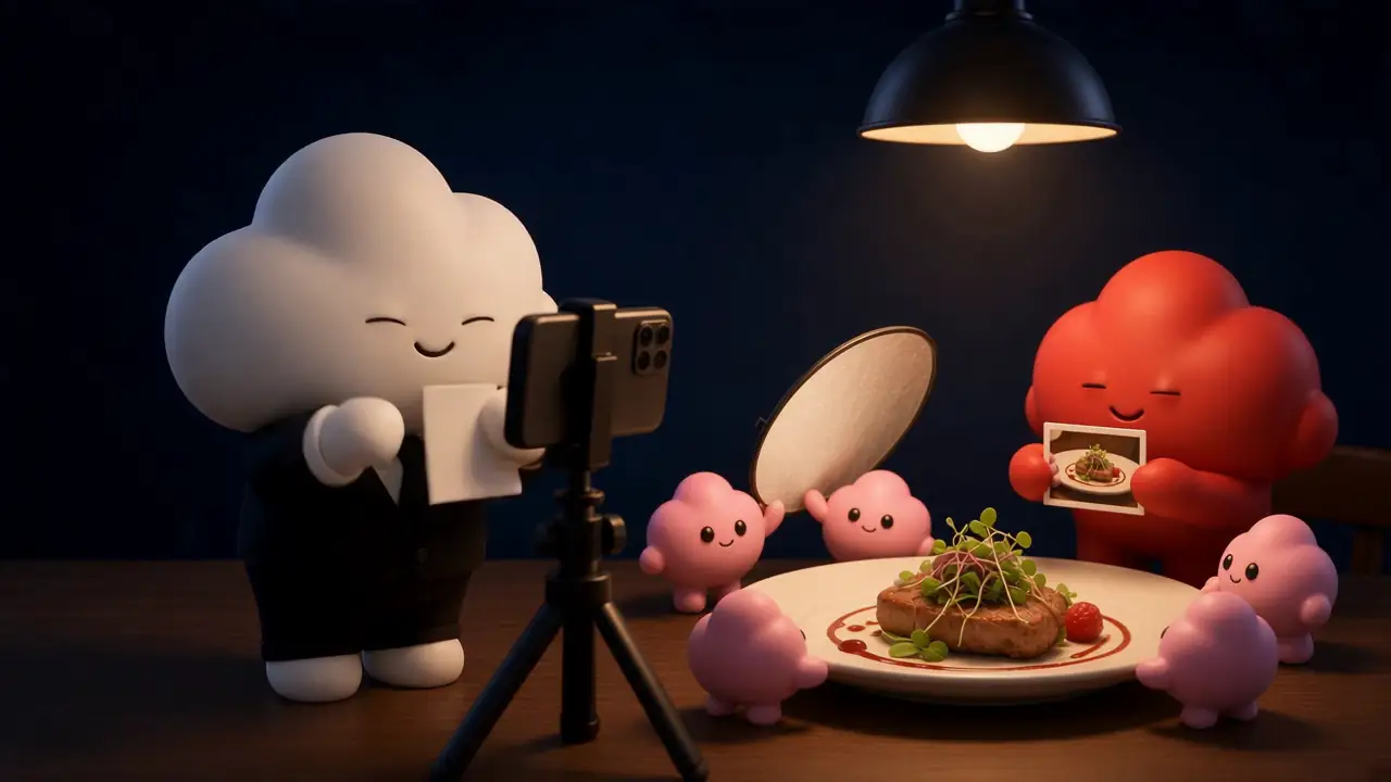 Usta nods behind a phone on a stand that is filming a plated dish. The red marketing lead holds up the draft post's photo of the same dish.
