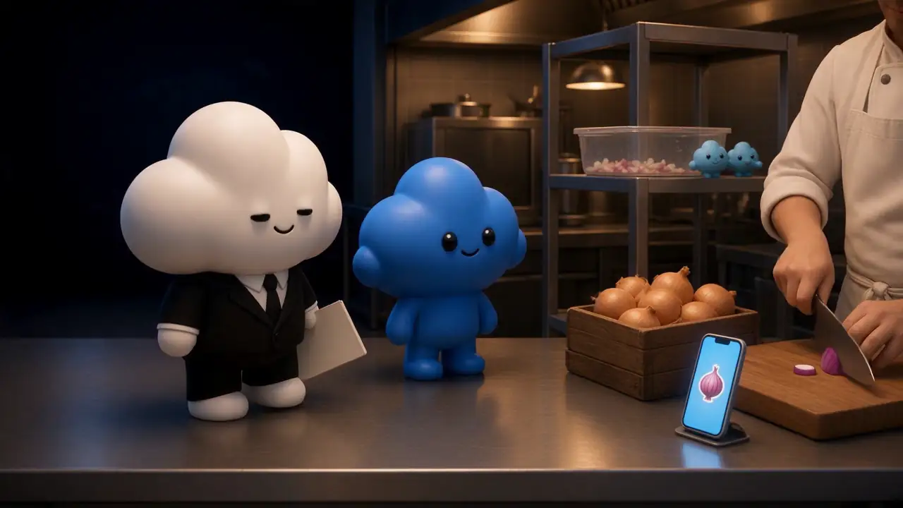 In the kitchen, Usta and Blue, the kitchen lead, stand by the prep station. The prep cook's phone on its stand shows an onion, and the cook, seen from the chest down, chops onions.