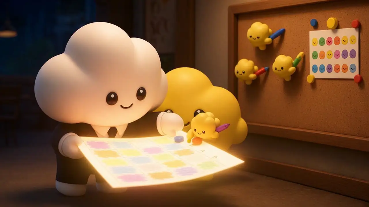 Usta holds next week's shift sheet, now complete and glowing warmly. The yellow people lead stands beside him at the staff board with the availability card.