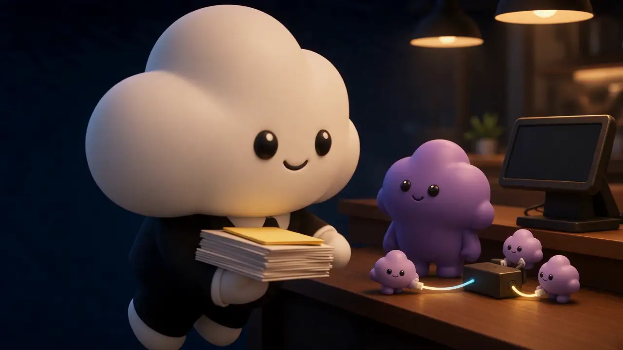 Usta holds his stack of checked work beside the purple systems lead at the till, its cable glowing.