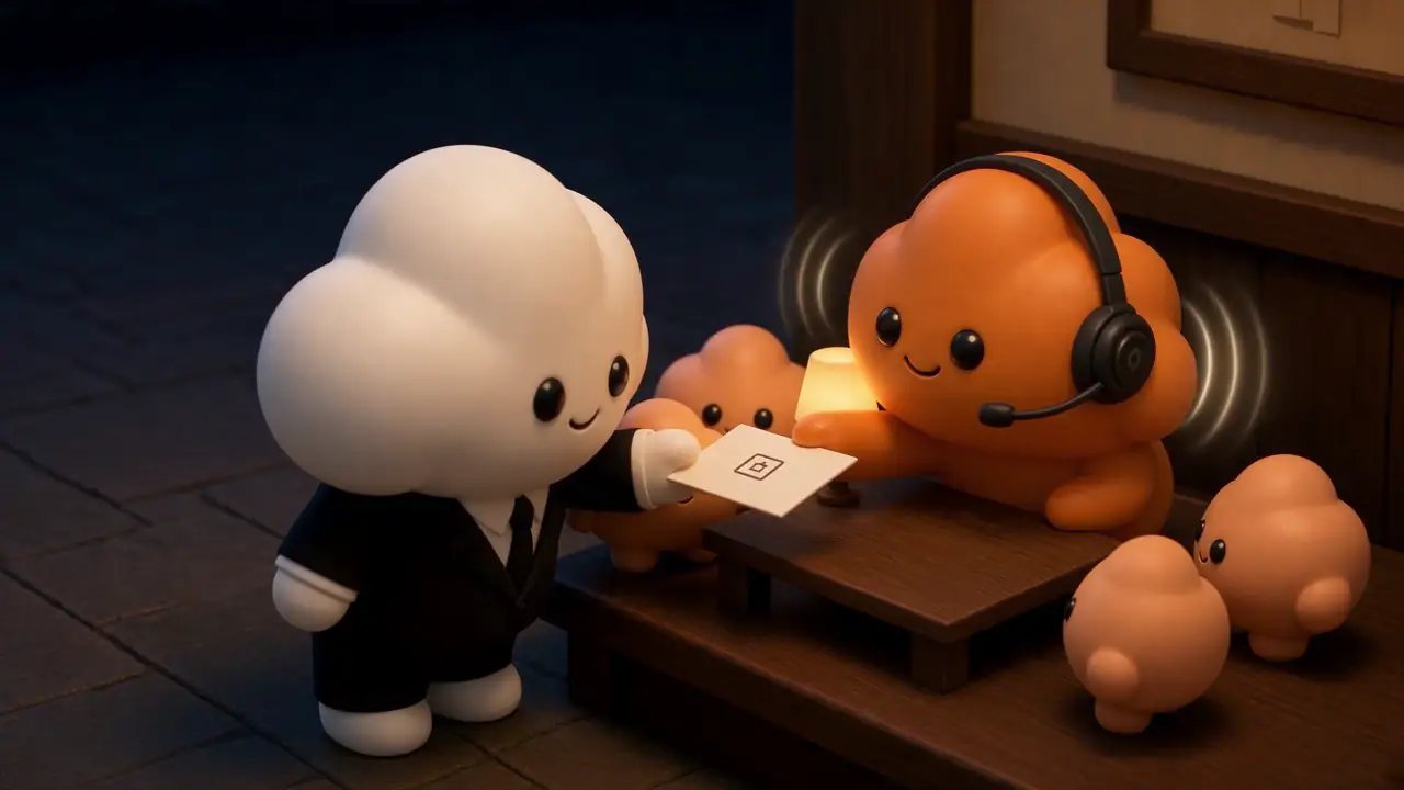 Orange, the guest lead, takes a call on a headset at the host stand while small helpers set a table for two. Usta, the white cloud in a black suit, takes the reservation card.