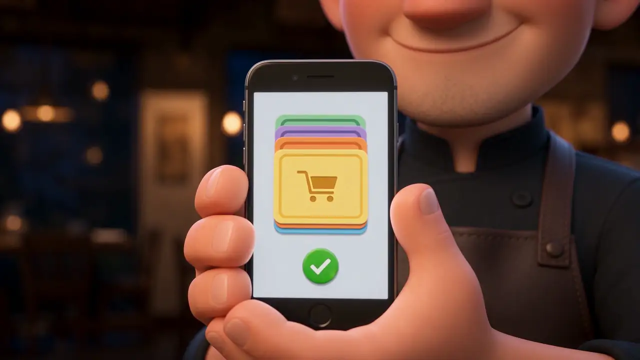 The owner smiles at his phone: four coloured cards stacked on the screen, and a green button with a white tick under his thumb.