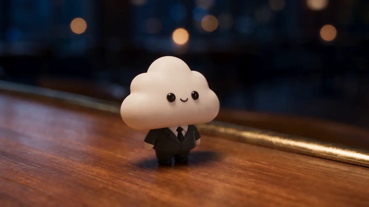 Usta, a white cloud in a black suit, has jumped out of the phone and stands on the counter.
