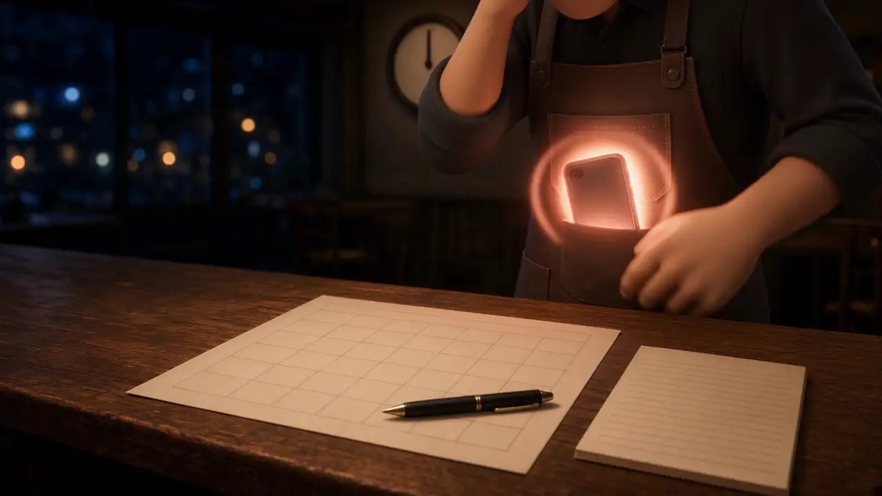 The owner at the counter, seen from the chest down in a black shirt and a leather apron: a blank shift sheet, an empty order pad and a pen in front of him, a hand raised to his head and the phone glowing in his apron pocket.