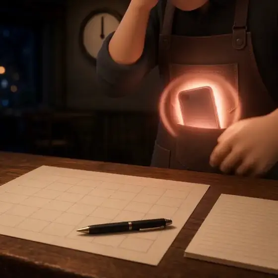 The owner at the counter, seen from the chest down, a hand raised to his head, the phone glowing in his apron pocket and a blank sheet and a pen in front of him.
