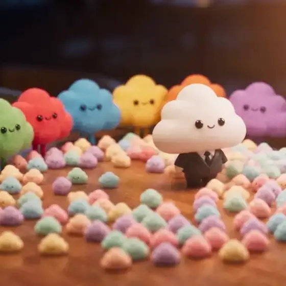 Usta, the white cloud in a black suit, in front of his six coloured leads and dozens of small pastel helpers.