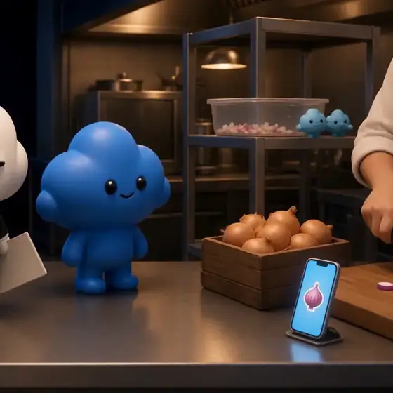 Blue, the kitchen lead, beside the prep station. The prep cook's phone on its stand shows an onion while the cook chops.