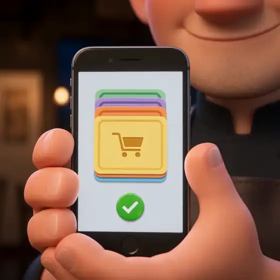 The owner smiles at his phone: four stacked coloured cards and a green button with a white tick.